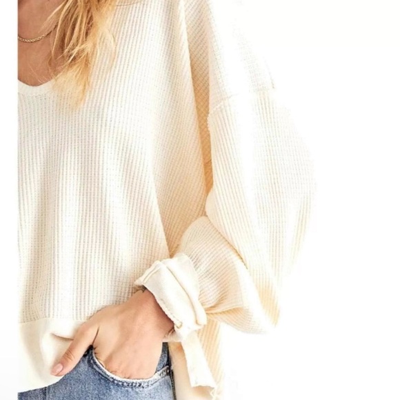 Free People Santa Clara Thermal Waffle Knit Top Size Medium Alabaster NWT - Picture 3 of 7